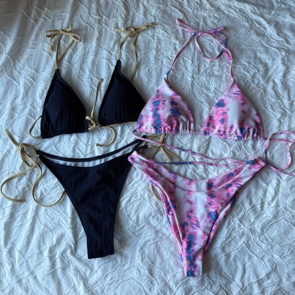 SHEIN Other - SHEIN Navy with Tan String and Tie-Dye Pink and Purple Bikini Bundle of 2